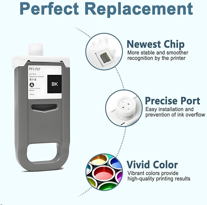 PFI-707 Ink Cartridge PFI707 Ink Tank Compatible with Canon imagePROGRAF PF830, iPF840, iPF850 CAD Plotters 700 ML (1-Pack, Black)-DeskLoop Office