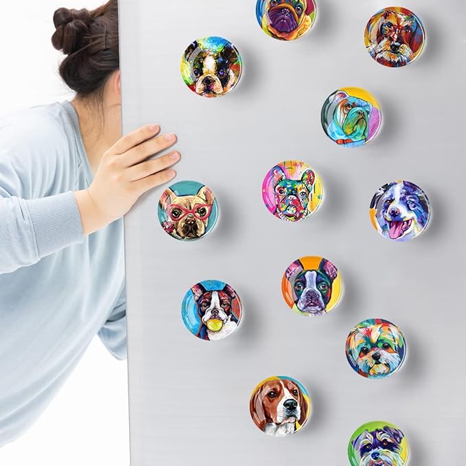 12Pcs Glass Refrigerator Magnet Fridge Sticker,Oil Painting Dog Fridge Magnets Decoration for Crafts,Strong Fridge Magnets for Kitchen, School,Office Whiteboard, Cabinet and Dishwasher-DeskLoop Office