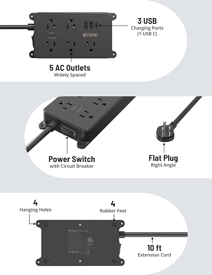 TROND Surge Protector Power Strip with USB, 10ft Extension Cord, ETL Listed, 5 Widely-Spaced Outlets with 3 USB Ports, 1300J, Low-Profile Flat Plug, Wall Mountable, 14AWG Heavy Duty, Black