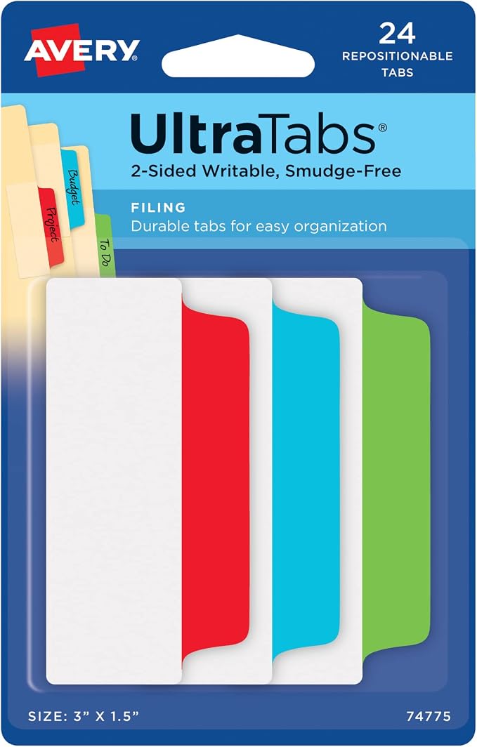 Avery Filing Ultra Tabs, 2-Side Writable, 24 Repositionable File Tabs by Avery