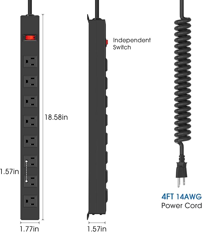 HHSOET 8 Outlet Metal Wall Mount Power Strip, Mountable Outlet with Switch, Heavy Duty Wide Spaced Surge Protector, 4 FT SJT 14AWG Black Spring Cord.-DeskLoop Office
