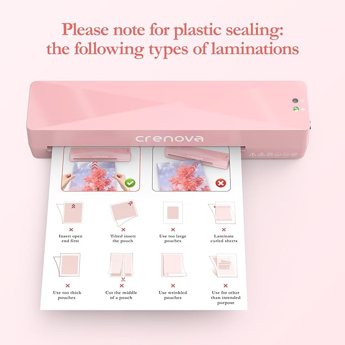 Crenova A4 Laminator Machine 4 in 1 Personal Desktop Hot & Cold with 10 Laminating Pouches No Bubbles 9 Inch Thermal Laminator for Home Office School Business Use Pink-DeskLoop Office