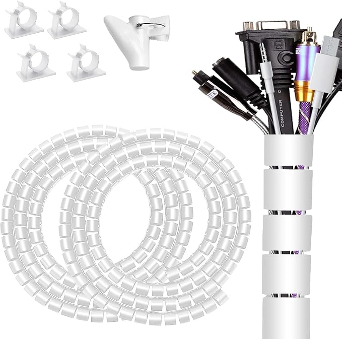 Large Cable Management White Computer Wire Sleeve Organizer Coiled Under Desk by FANOSHONOFFICIAL