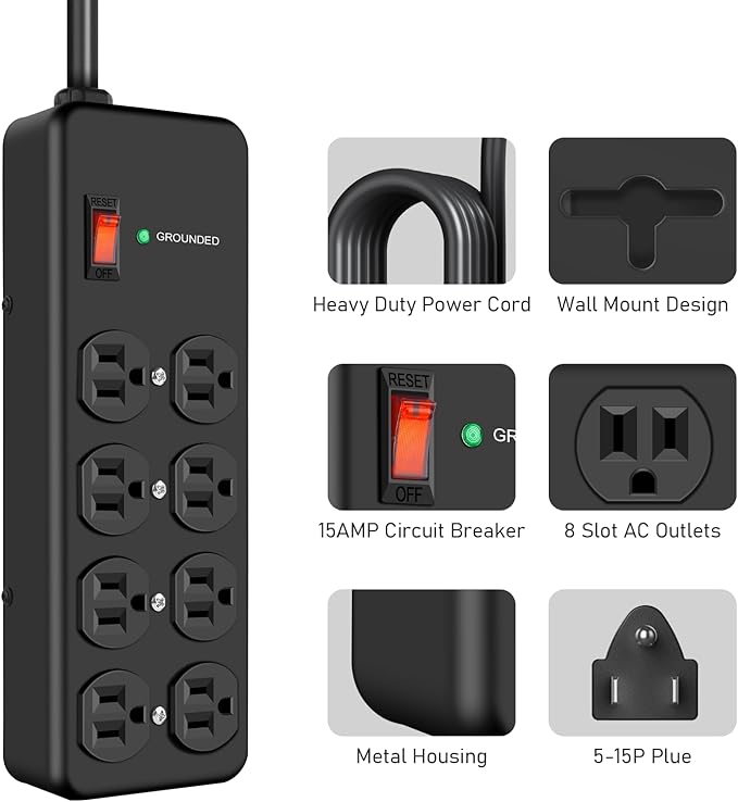 HEZI 8 Outlet Heavy Duty Power Strip, 15Amp Metal Mountable Surge Protector (2700J), Industrial Wall Mount Power Strip for Home, Office, Garage & Workshop, 10FT 14AWG Extension Cord-DeskLoop Office