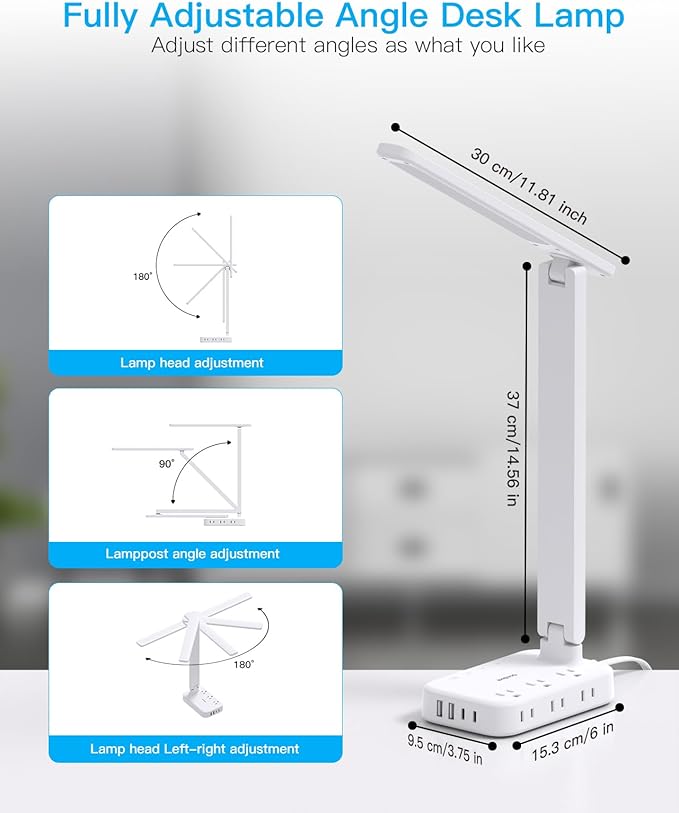 One Beat Desk Lamp with 6 Outlets 4 USB Ports(2×USB-C),Eye Protection Table Lamp Power Strip with 4 Color Modes 5 Brightness Touch LED Desk Lamps for Home Office College Dorm Room Essentials(White-DeskLoop Office