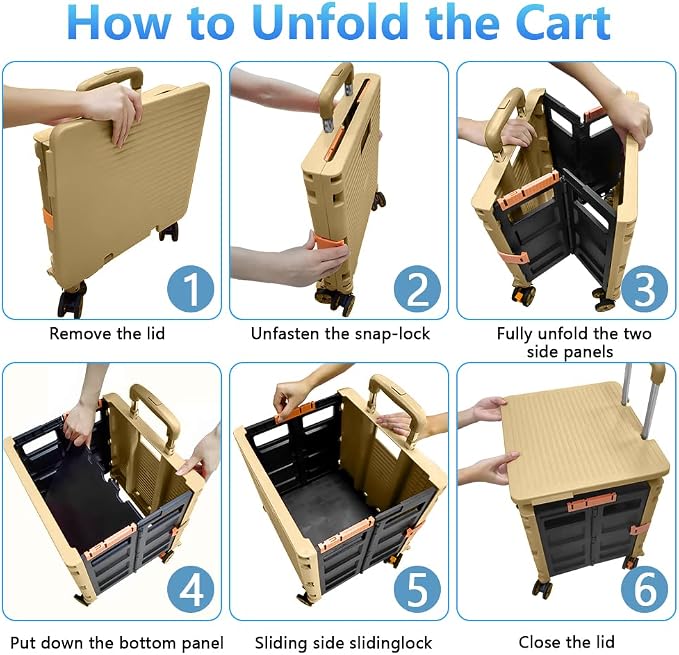 FELICON SELORSS Foldable Utility Cart Folding Portable Rolling Crate-Khaki | - Image 4