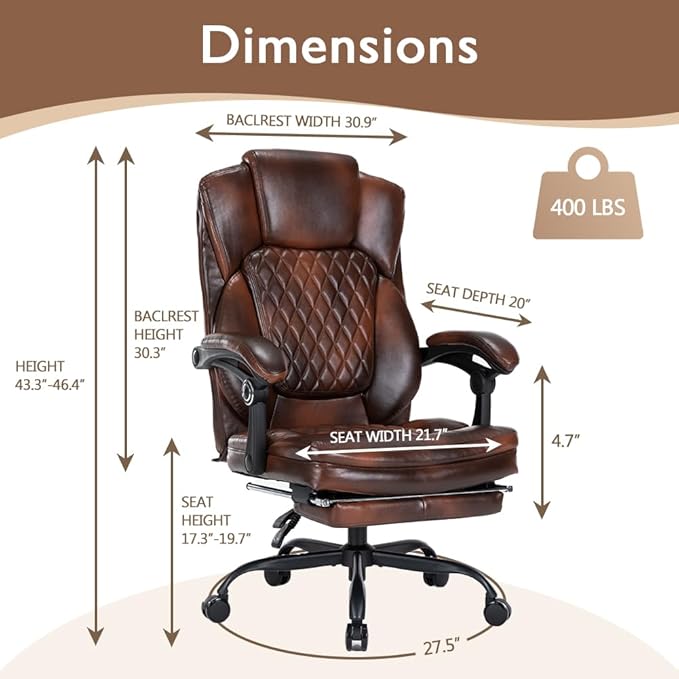 Ergonomic Office Chair with Foot Rest, Executive Chair with Footrest PU Leather Computer Chair, Big and Tall Chair Reclining Desk Chair, Thick Padded Coil Spring Seat, 400 lbs Capacity (Brown)-DeskLoop Office