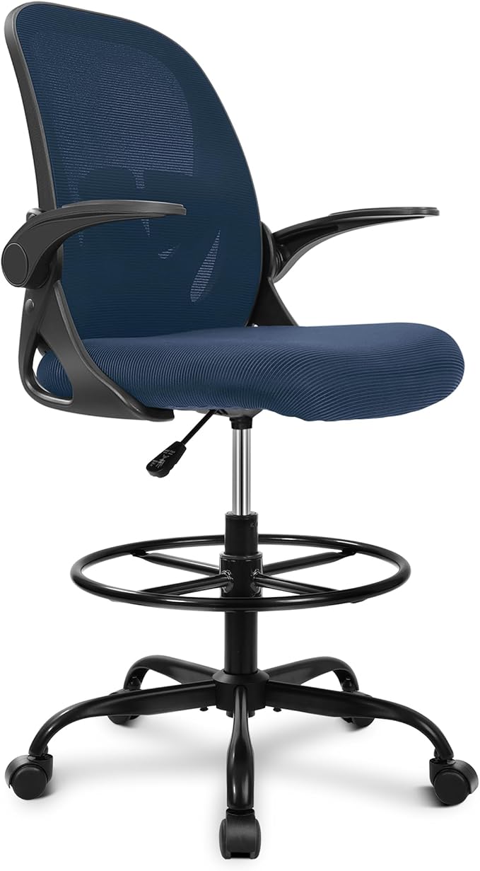 Drafting Chair, Tall Office Chair Ergonomic Standing Desk Chair,with Adjustable Footrest Ring, 3D Lumbar Support, Flip-up Armrests, Swivel Desk Stool for Drawing Working Navy-DeskLoop Office