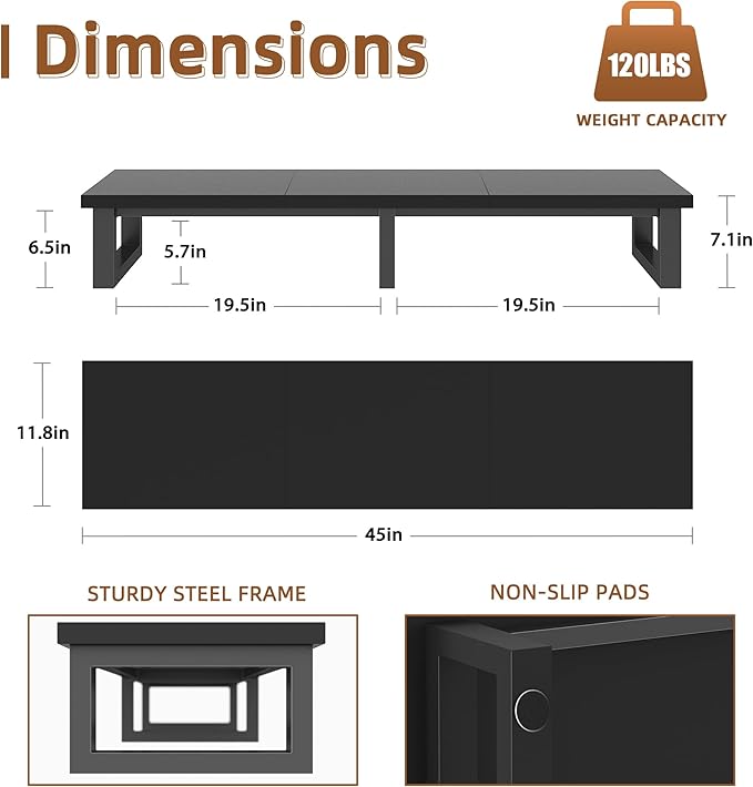 45" Large TV Riser for 32-60 inch TV, TV Riser Stand Shelf with Steel Legs, Tabletop TV Stand Riser for Home Office,Black-DeskLoop Office