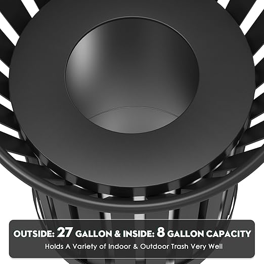 25.2IN Large Round Large Outdoor Trash Can, Heavy Duty Metal Slatted Garbage Can Outdoor, All Weather Resistant Commercial Garbage Cans, Waste Receptacle in Park, School, Beach, Patio Black-DeskLoop Office