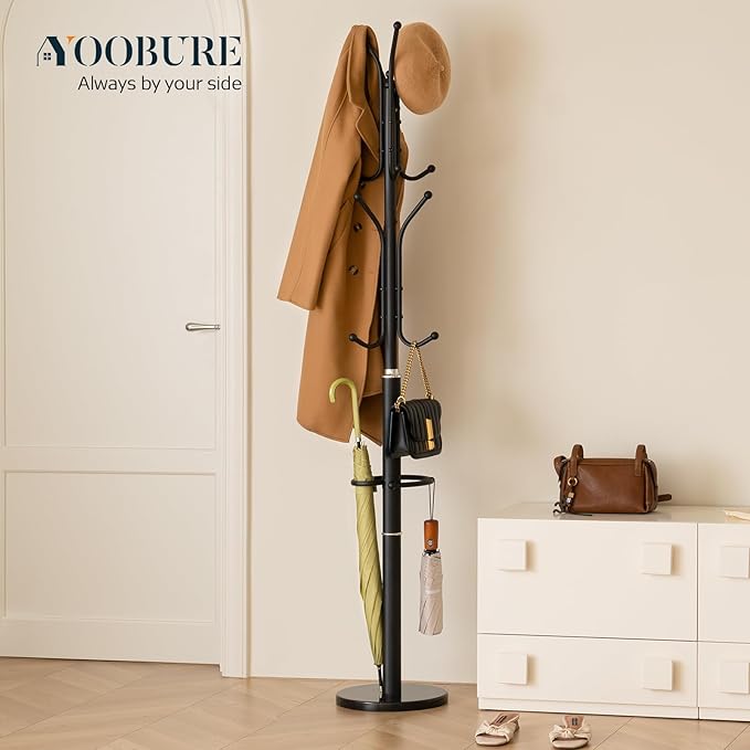 Yoobure Metal Coat Rack Freestanding with Marble Base, Coat Tree with 12 Hooks & Umbrella Holder, Coat Hanger Stand for Corner Entryway Bedroom Office, Heavy Duty Coat Rack Stand for Clothes Hats Bags-DeskLoop Office