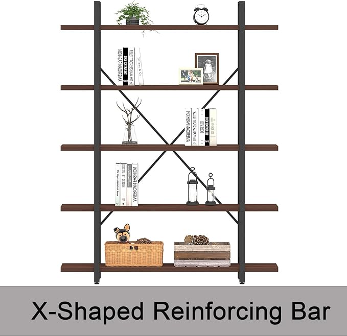 HSH Walnut 5 Tier Bookshelf, Tall Bookcases and Book Shelves 5 Shelf, Large Industrial Metal Wood Display Book Shelf Storage Rack, Rustic Open Bookcase Bookshelves for Bedroom Living Room Office-DeskLoop Office
