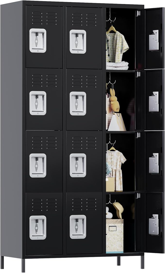 12 Doors Metal Lockers for Employees with Lock, Metal Locker with 12 Hooks for School Garage Office Gym Home,Assembly Required,Black-DeskLoop Office