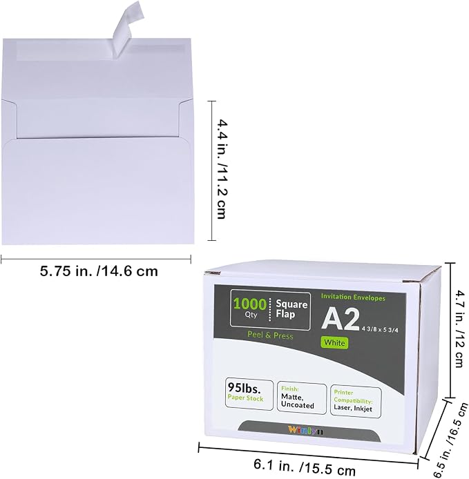 Winlyn 1000 Pcs White A2 Invitation Envelopes, Peel & Press Self Seal, 4 3/8 x - Image 4