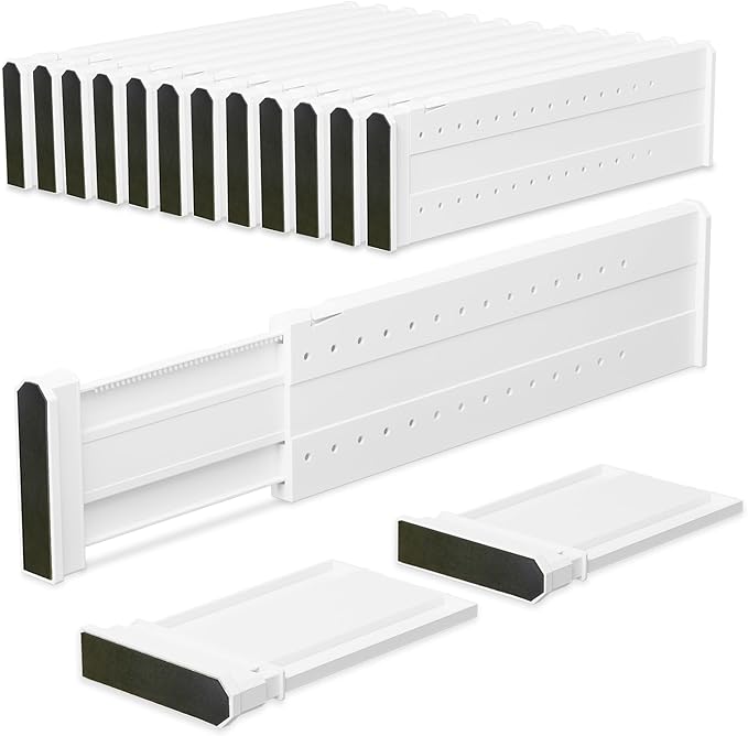 REBECAT 12 Pack Drawer Dividers for Clothes Adjustable 4" High Expandable from 15"-21" Drawer Dividers for Dresser Baby Clothes Bathroom,Bedroom Kitchen and Office Storage，White-DeskLoop Office