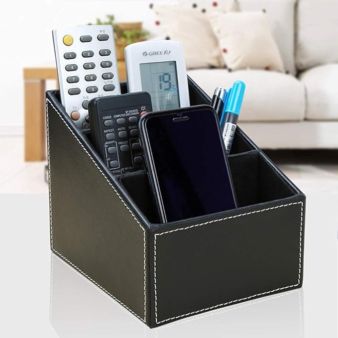 KINGFOM Remote Control Holder with 3 Compartments Pu Leather Remote Caddy Desktop Organizer Store Brush, Pencil, TV Guide, DVD, CD, Blu-Ray, Media Player, Heater Controllers(Black)-DeskLoop Office