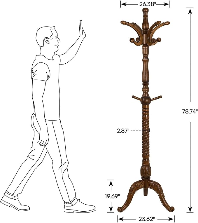 Coat Rack Freestanding Tree Stand with 8 Hooks, 79'' Heavy Duty Premium Ash Wood Hanger Stand, Floor Standing Clothes Hat for Entryway, Corner,Hallway,Bedroom, Office,Brown-Style 2-DeskLoop Office