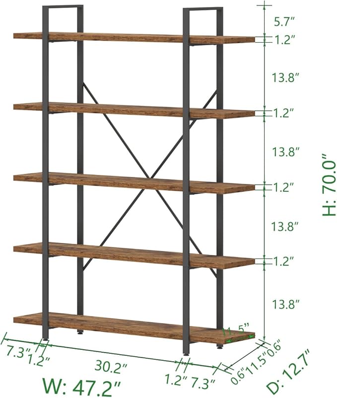 HSH Rustic Bookcases and Book Shelves 5 Shelf, Metal Wood 5 Tier Bookshelf and Storage Book Rack, Vintage Large Book Shelf for Bedroom Living Room Office,Open Vertical Display Etagere Book Case, Brown-DeskLoop Office