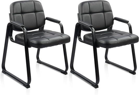 CLATINA Waiting Room Guest Chair with Bonded Leather Padded Arm Rest for Office Reception and Conference Desk Black with Sled Base 2 Pack-DeskLoop Office