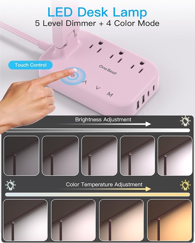Dorm Room Essentials for Girls, Pink Power Strip with LED Desk Lamp, 3 Outlets 4 USB Ports, 4 Modes 5 Level Touch Lamp Small Desk Lamp for Home Office Bedroom Study Reading Light, 5ft Extension Cord-DeskLoop Office