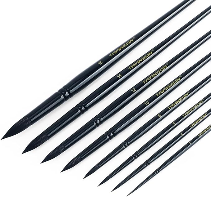 Transon 8pcs Round Watercolor Paint Brush Set Goat Hair for Watercolors,Acrylics,Inks,Gouache,Oil and Tempera Black Color-DeskLoop Office