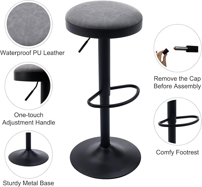 Round Swivel Counter Height Bar Stools Set of 2 Modern Adjustable Barstools Backless PU Leather Bar Chairs Industrial Island Chairs with Metal Base/Footrest for Kitchen Island/Pub/Cafe, Grey-DeskLoop Office