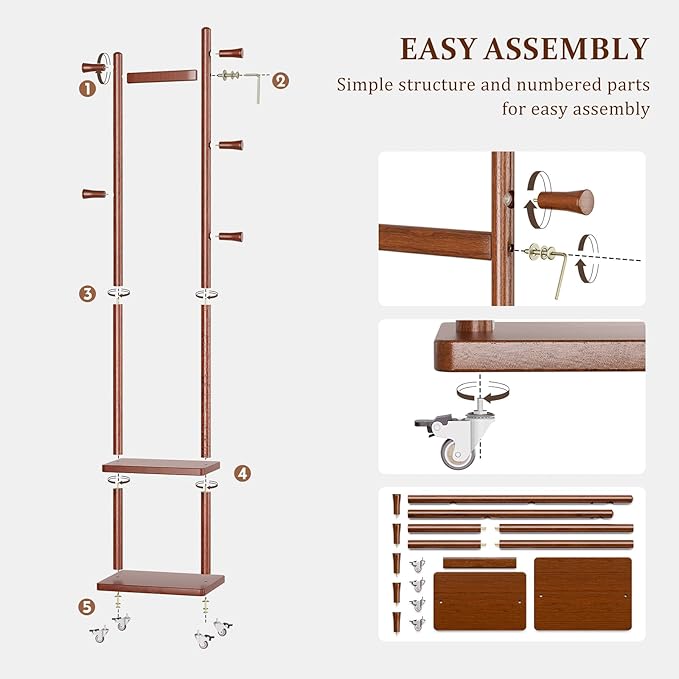 Coat Rack Freestanding Clothing Rack with Wheels & 2 Shelves Storage & 5 Hooks Heavy Duty Clothes Rack Wood Coat Tree Stand Hat Hanger Rack for Corner Bedroom Entryway Living Room Hotel-DeskLoop Office
