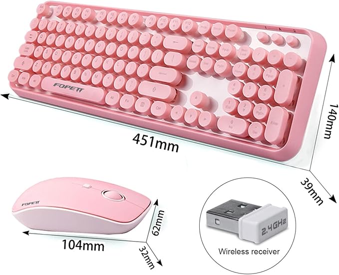 FOPETT Wireless Keyboard and Mouse Combo, 104 Keys Full-Sized 2.4 GHz Round Keycap Colorful Keyboards, USB Receiver Plug and Play, for Windows, Mac, PC, Laptop, Desktop (Pink)-DeskLoop Office