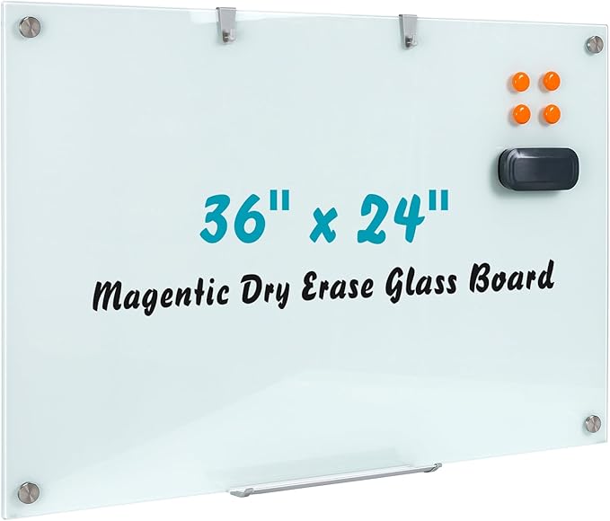Glass Dry Erase Board, 36 x 24 Inches Magnetic Glass Whiteboard for Wall, 3' x 2' Frameless Board for Office, Home, School-DeskLoop Office