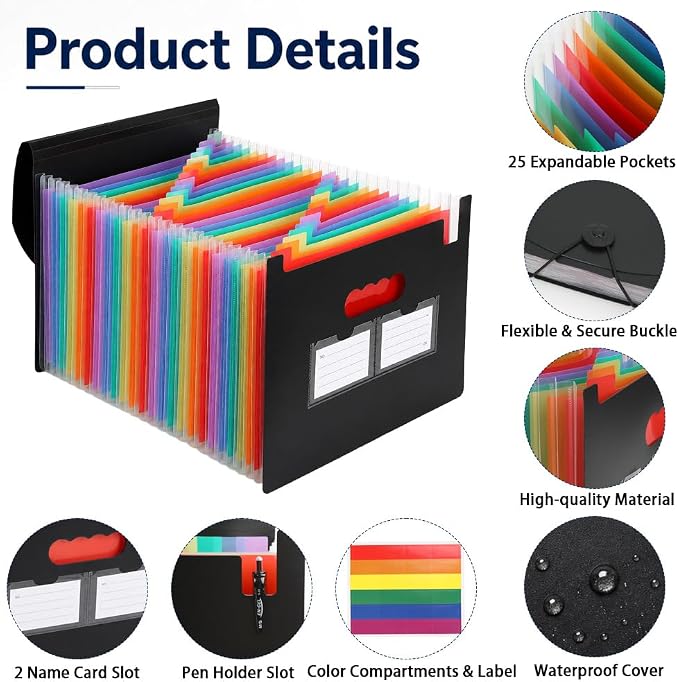 25 Pockets Accordion File Organizer, Portable Expanding File Folder - Image 2