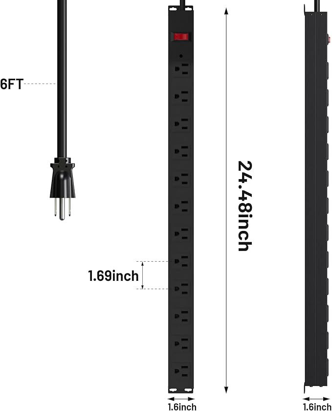 12 Outlet Long Power Strip with 15A Circuit Breaker,Black Wall Mount Heavy Duty Power Strip with 6FT/14AWG/15A/125V Extension Cord for Industrial,Garge,Office,Home and School,Black(6FT)-DeskLoop Office
