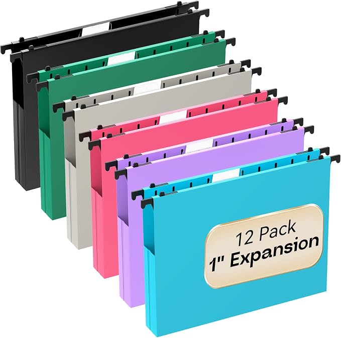Plastic Hanging File Folders 1 Inch Expansion Letter Size, 12 Pack Reinforced by NORDUN