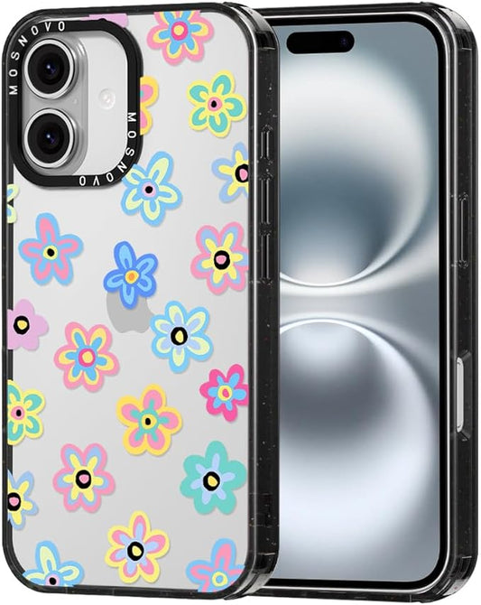 MOSNOVO Case for iPhone 16 Plus, [10ft 4X Military-Grade Drop Protection] Durable & Shockproof Phone Case Cover Design for iPhone 16 Plus - Groovy Flower - Clear Black-DeskLoop Office