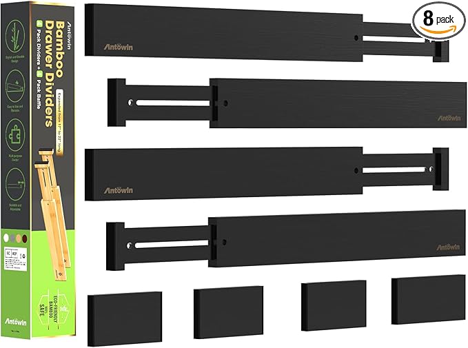 ANTOWIN Bamboo Drawer Dividers Organizers, Expandable Drawer Separators Splitter,17-22 inches Long Adjustable Spring-loaded Organizer for Large Utensil, Clothes, Tools Drawers (Black)-DeskLoop Office