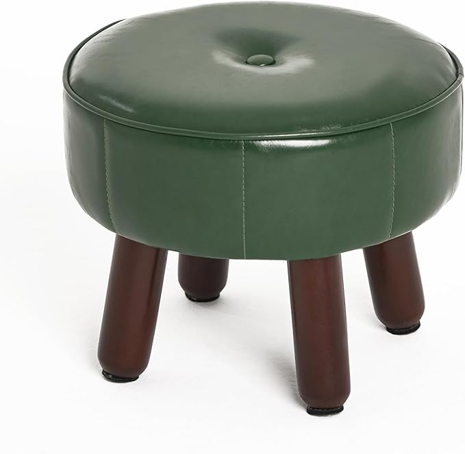 13in Small Foot Stool Ottoman, Round Faux Leather Foot Rest for Couch, Under Desk Pouf Footstool Footrest with Non-Skid Rubber Legs for Ling Room, Bedroom, 13''L x 13''W x 10.2''H, Green-DeskLoop Office