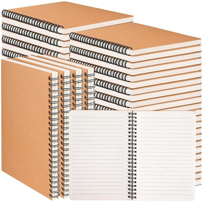 miikoul 60 Packs A5 Spiral Lined Notebooks, Kraft Paper Cover, 8.3"×5.5", 60 Sheets/120 Pages, Ruled Notebooks Bulk, Hardcover Journal Notepad Travel Notebooks for Office and Back to School Supplies-DeskLoop Office