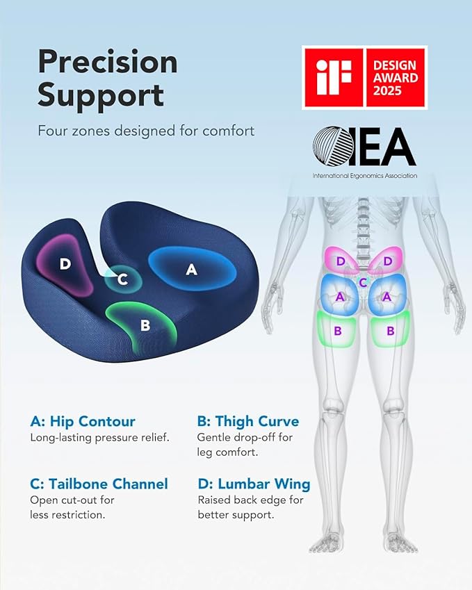 HUANUO Ergonomic Seat Cushion for Office Chair, Extra Large Car Seat Cushion, Tailbone and Back Support, Cooling Gel Enhanced, 4-Zone Pressure Relief Chair Cushions for Office, Car, Wheelchair-DeskLoop Office