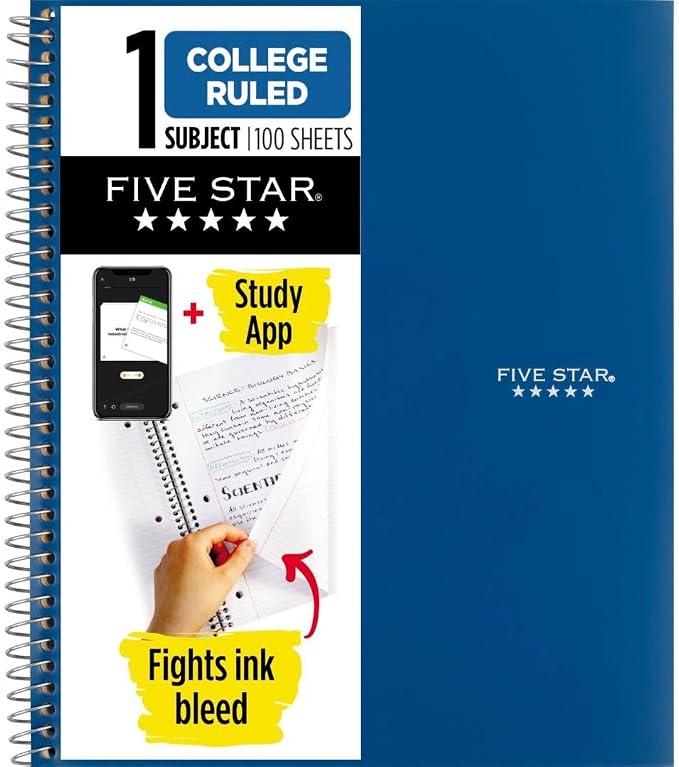 Five Star Spiral Notebook + Study App, 1 Subject, College Ruled Paper, 8-1/2" x by FiveStar