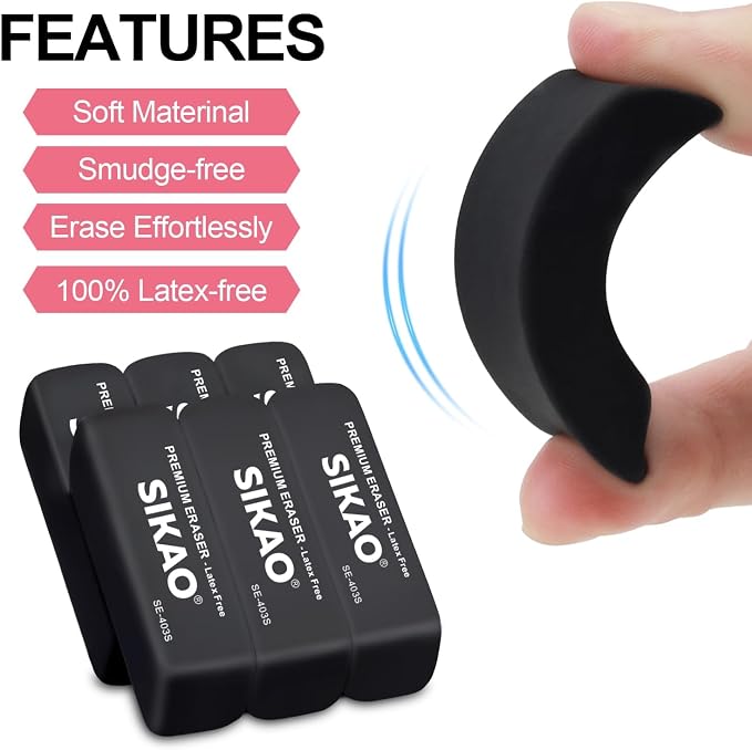 Black Erasers, 12 Pack Block Pencil Erasers | Latex-Free & Smudge-Free Beveled - Image 3
