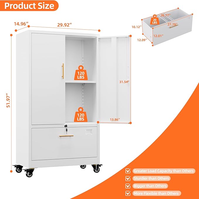 Aobabo Metal 1 Drawer Office File Cabinet with Lock and 2 Doors, Office Steel Files Cabinet with Wheels, Legal/Letter A4 Size, Assembly Required, White-DeskLoop Office