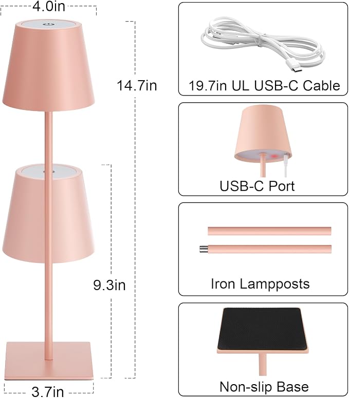 Kakanuo Pink Cordless Rechargeable Table Lamp 5000mAh Battery Operated Lamps - Image 5