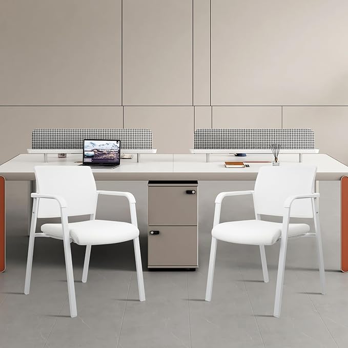 CLATINA Stacking Office Chairs | Mesh Back, Thicken Leather Seat and Arms, Ergonomic Lumbar Support | Guest Reception, Waiting, Conference, School, Party, Customer, Side, Stationary | Set of 2, White-DeskLoop Office