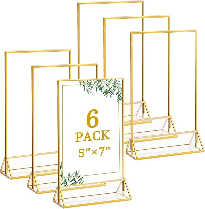 Floroom 6 Pack 5x7 Inch Clear Acrylic Sign Holders, Double-Sided Gold Display by Floroom