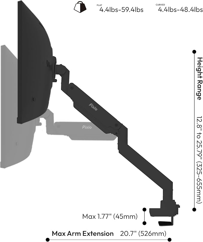 Pixio PS2S Titan Black Ultrawide Mega Heavy-Duty Premium Single Monitor Arm Stand fits up to 57 inch Monitors Holds up to 59.4lbs VESA Compatible Integrated Cable Management-DeskLoop Office
