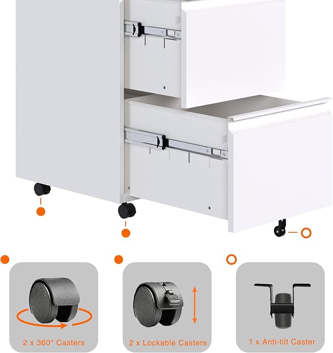Aobabo Metal 2 Drawer Office File Cabinet with Lock, Under Desk Office Steel Files Cabinet on Wheels, 25.6''H Legal/Letter A4 Size, Fully Assembled Except Wheels,White-DeskLoop Office