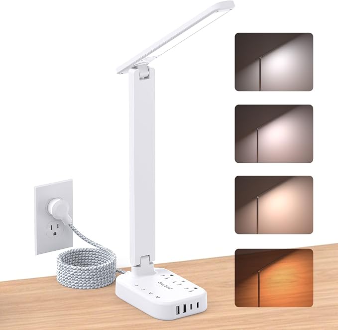 One Beat Small LED Desk Lamp Power Strip 10ft Extension Cord, 3 Outlets 4 USB by OneBeat