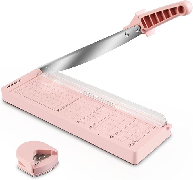 MAKEASY Paper Cutter 12 Inch, Guillotine Paper Cutter with 8 Sheet Capacity, Heavy Duty Paper Cutter for Cardstock, Paper Trimmer for Crafting, Classroom and Office, Pink-DeskLoop Office