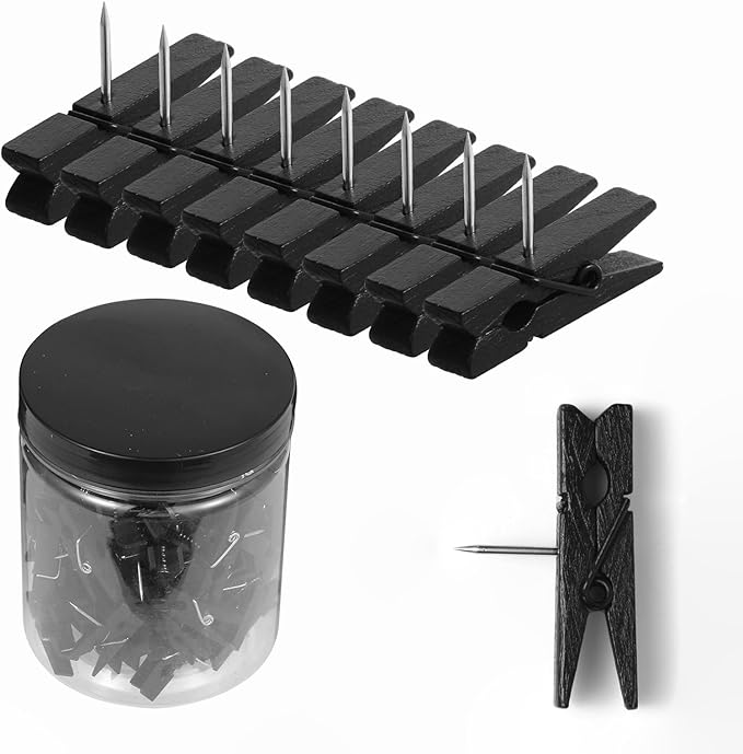 Black Push Pins with Spring-Loaded Wooden Clips, by ZYFOFFICE