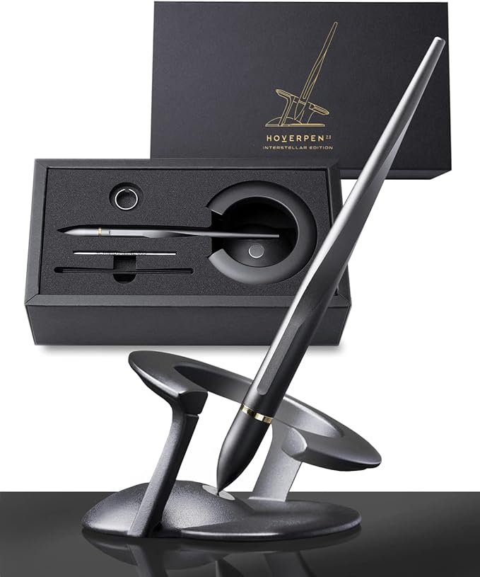 novium Hoverpen Interstellar - Space Black, Ballpoint Pen, 18K Gold-plated Pen Ring, 23.5 Degree Angle, Schmidt Ballpoint Refill, No Spills, No Spotting, No Explosions-DeskLoop Office