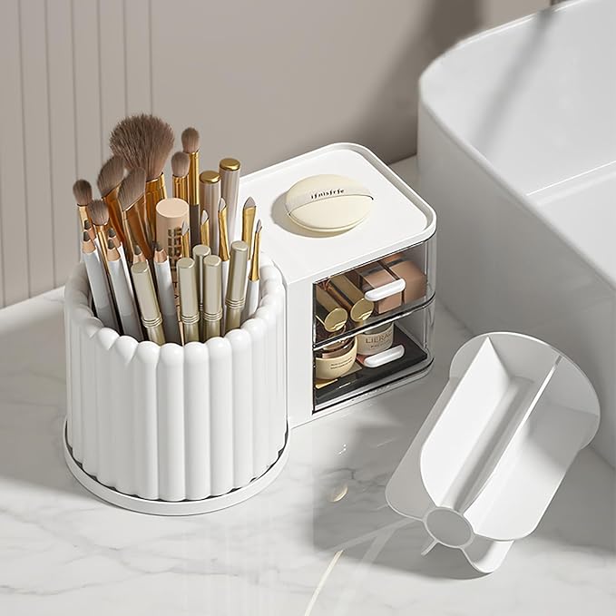 Anyoifax 360 Rotating Makeup Brush Holder 7 Slots Makeup Organizer with Drawer Removable Spinning Cosmetic Storage Pen Holder for Vanity, Dresser, Desk, White-DeskLoop Office